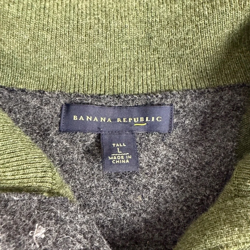 Banana Republic Mens Tall L Green 100% Merino Wool Quarter Zip Button Sweater